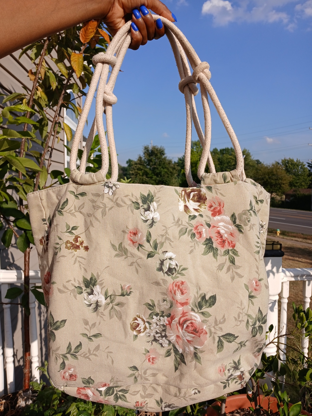 Canvas Floral Tote Bag in Beige with Pink Rose Print